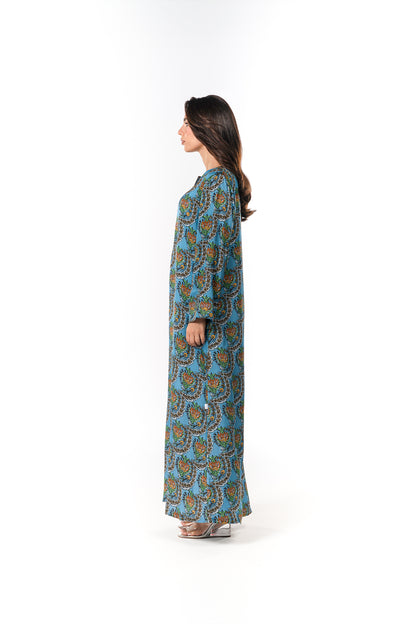 Italian Turquoise Scallop Viscose Satin Caftan