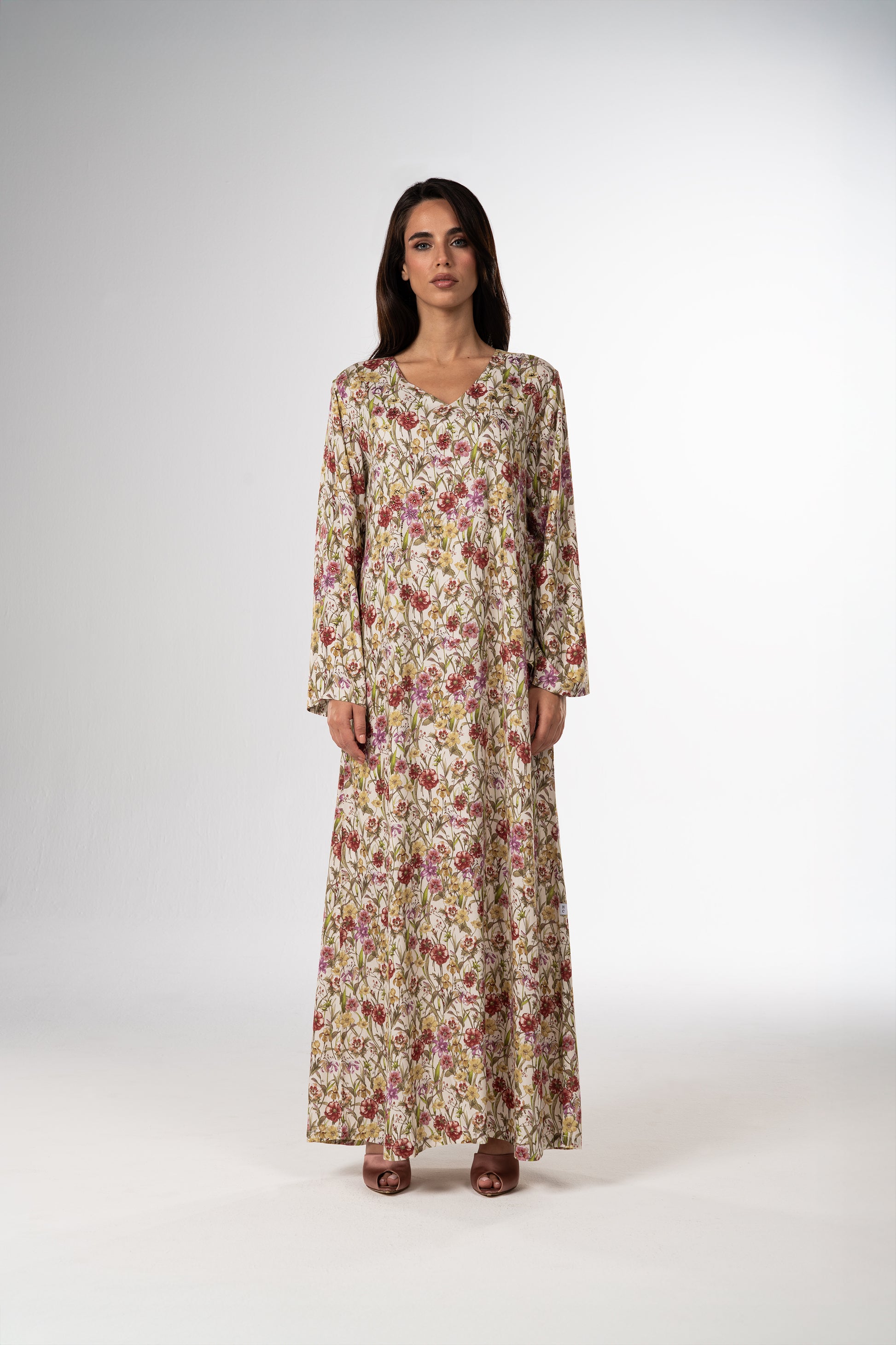 Ivory Garden Italian Satin Caftan with Floral Embroidery