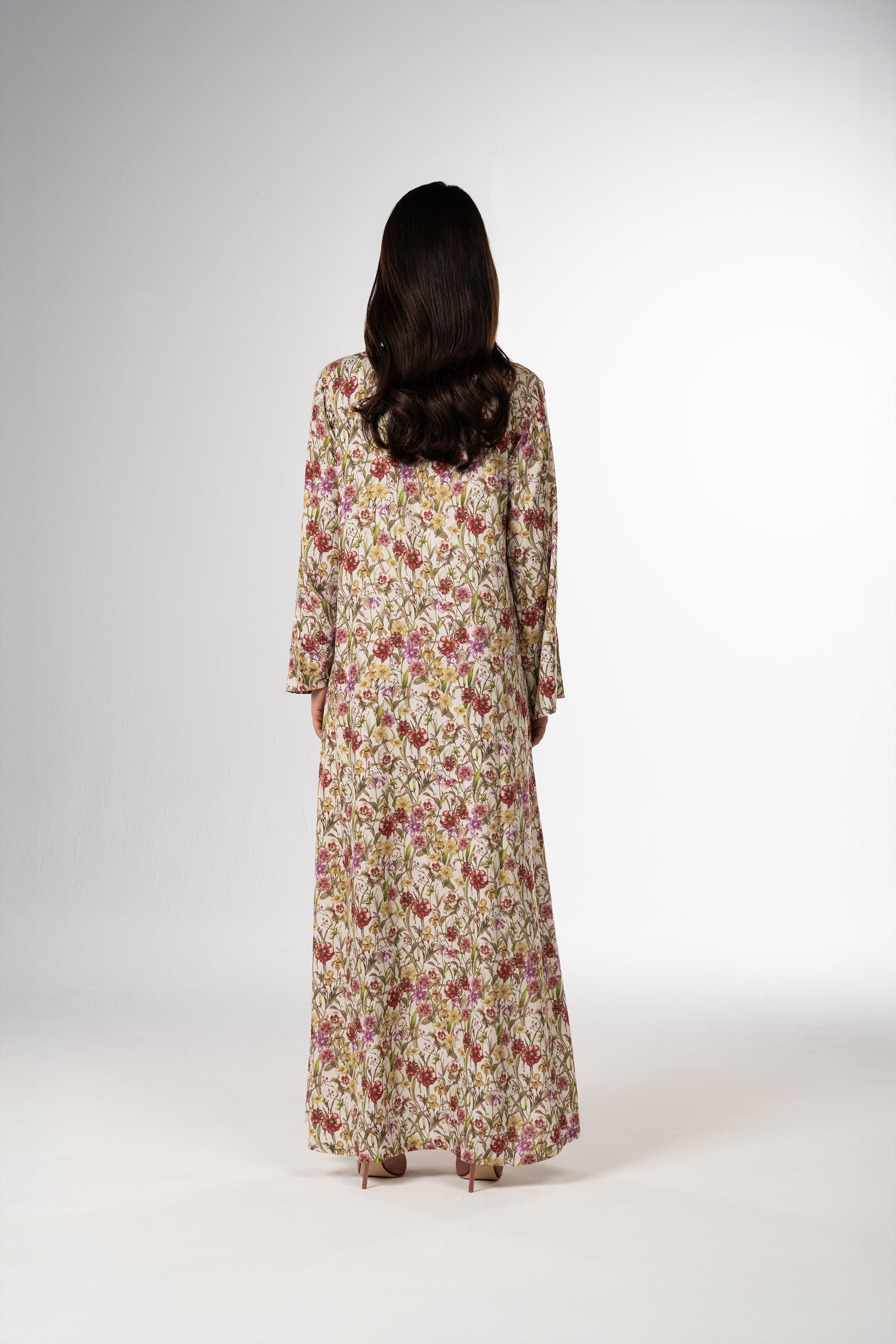 Ivory Garden Italian Satin Caftan with Floral Embroidery back