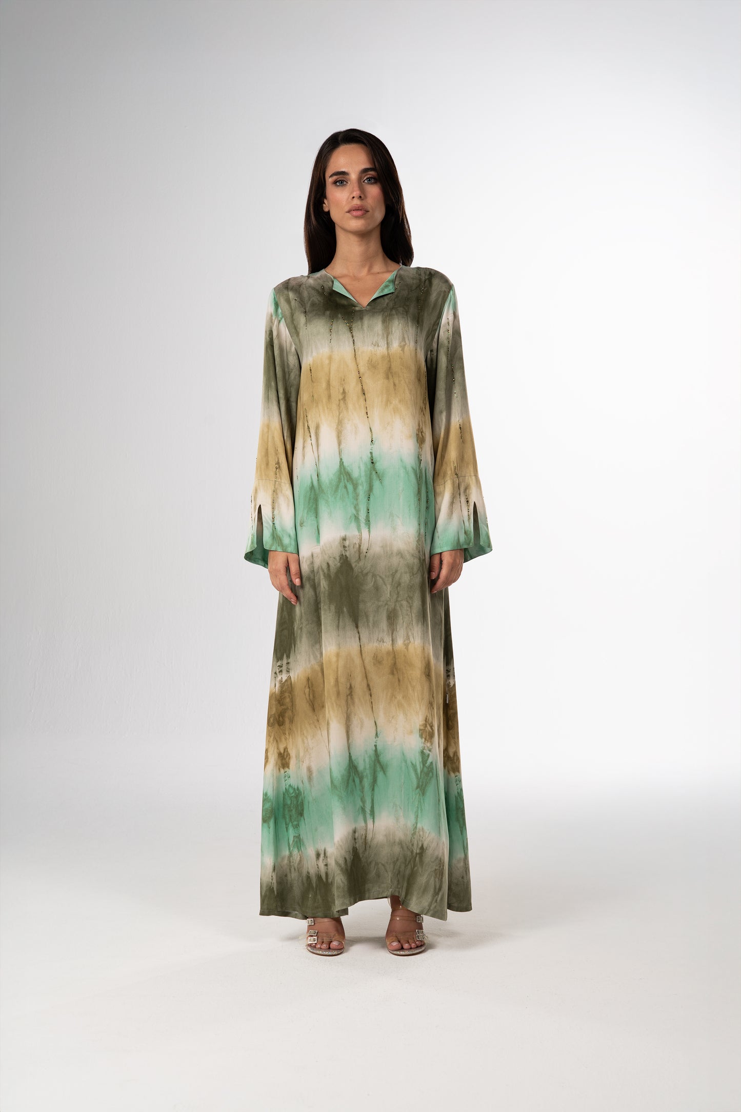 Marble Green Italian Viscose Satin Caftan with Hand Beading