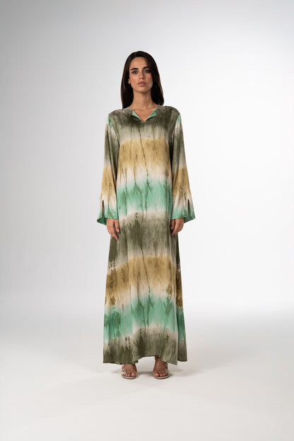 Marble Green Italian Viscose Satin Caftan with Hand Beading