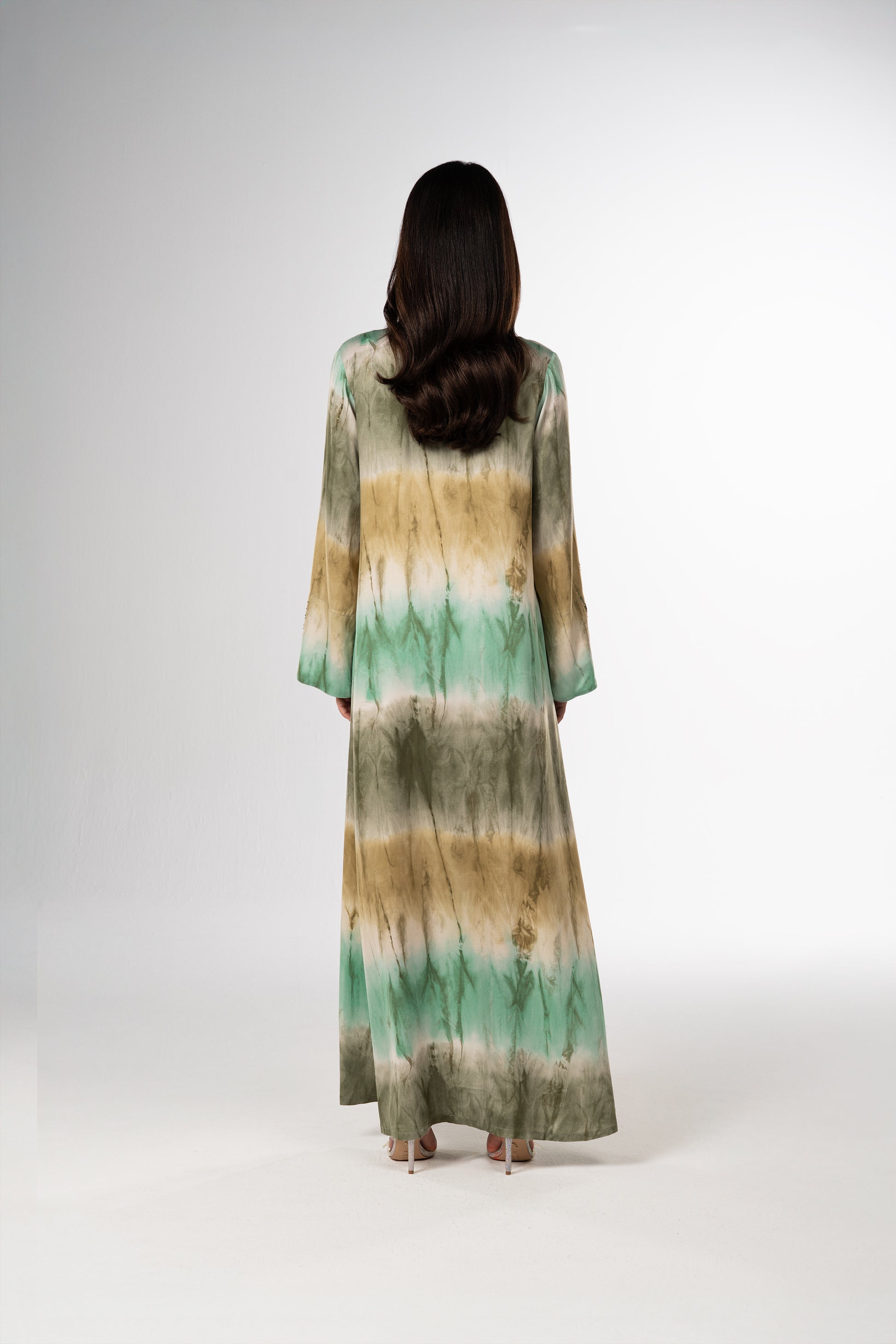 Marble Green Italian Viscose Satin Caftan with Hand Beading back