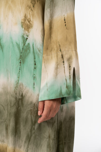 Marble Green Italian Viscose Satin Caftan with Hand Beading close up