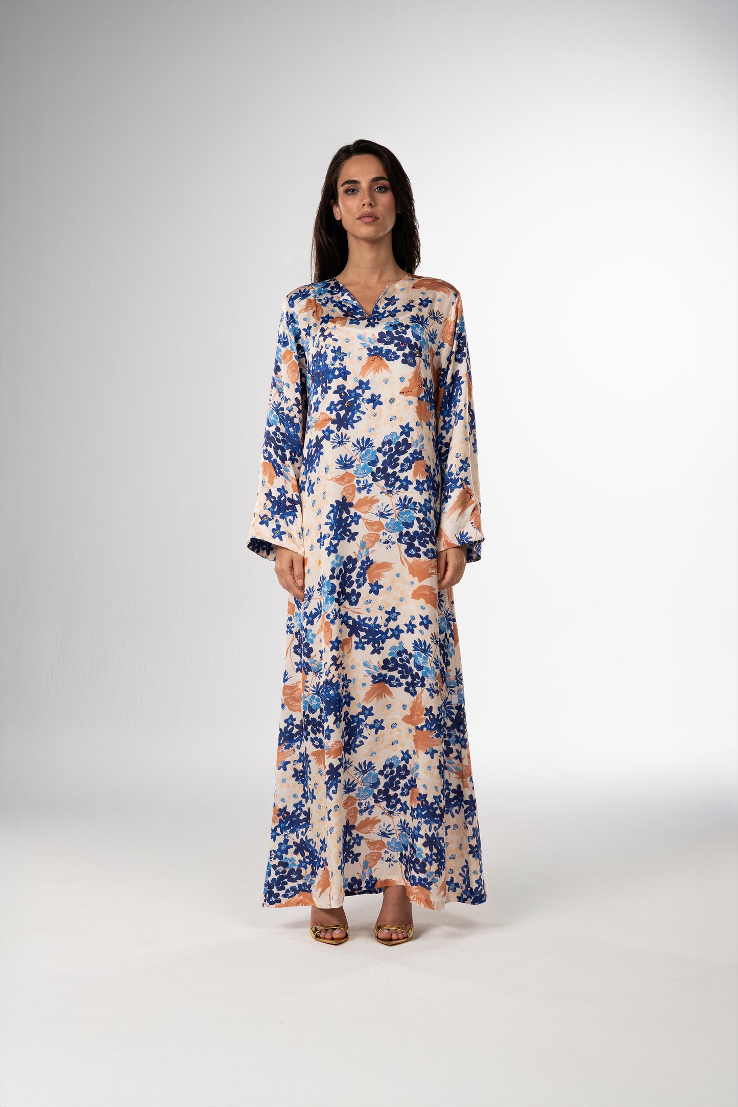 Mediterranean Bloom Italian Satin Caftan with Hand Beading