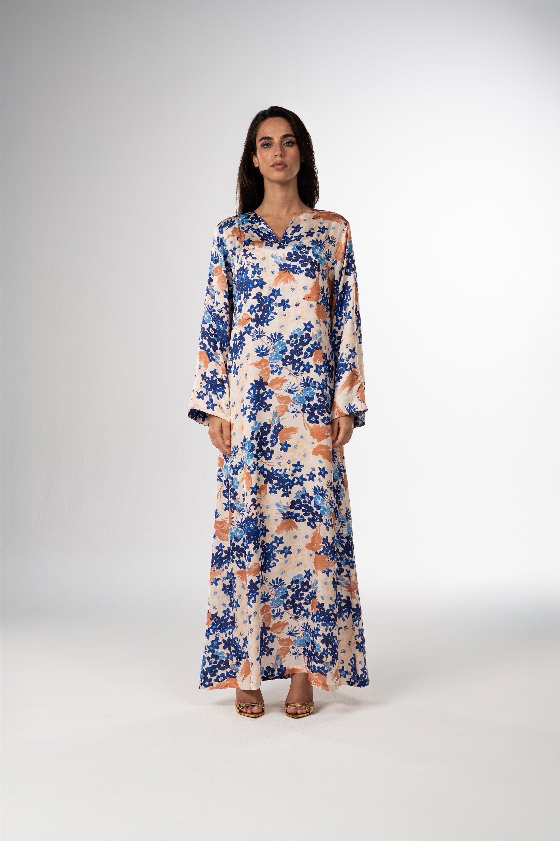 Mediterranean Bloom Italian Satin Caftan with Hand Beading