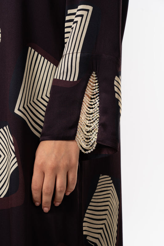 Midnight Geometry Italian Viscose Satin Caftan with Crystal Beadwork close up