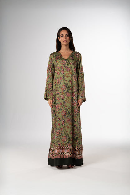 Moss Garden Italian Satin Caftan with Hand-Beaded Florals