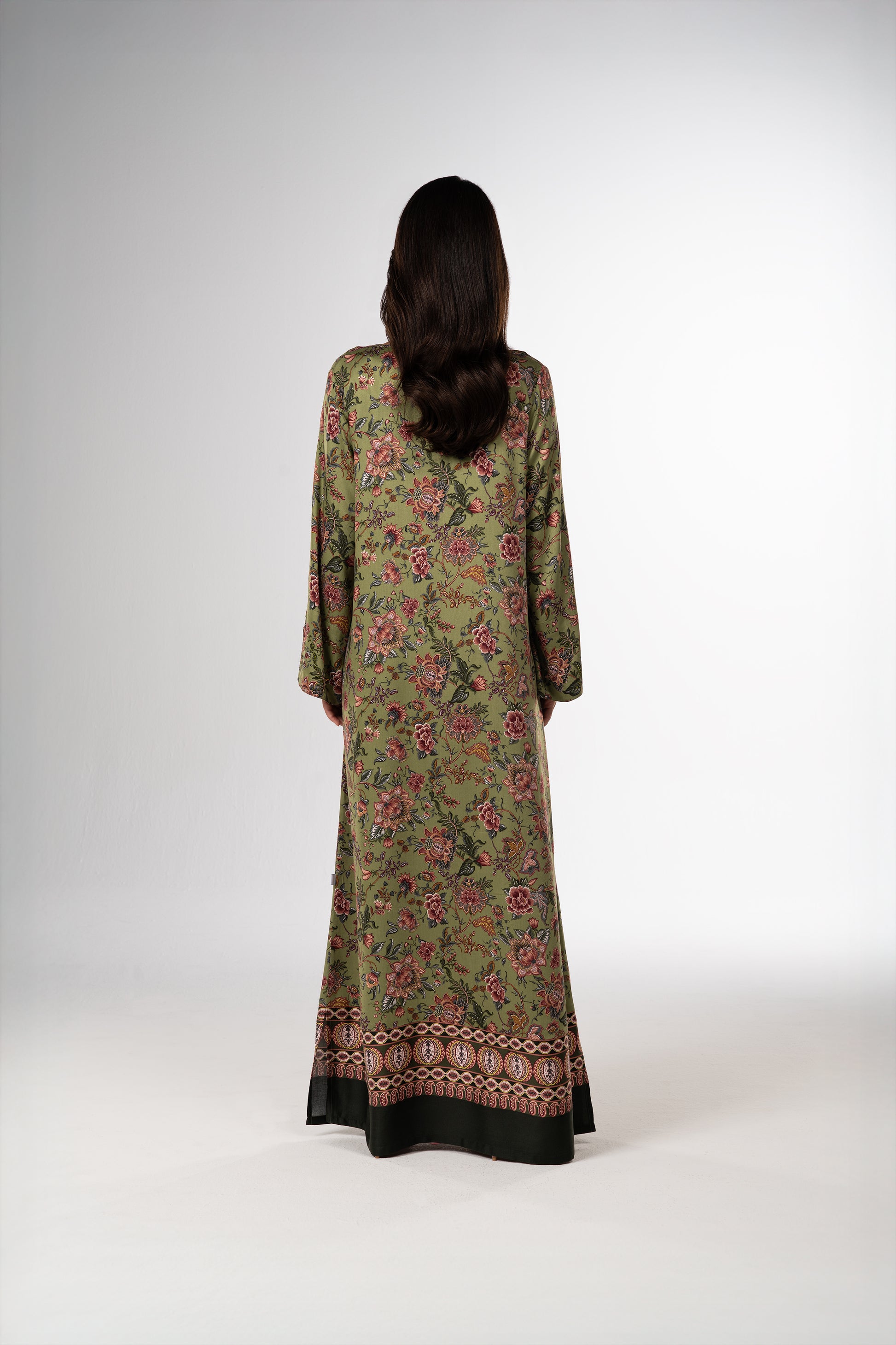 Moss Garden Italian Satin Caftan with Hand-Beaded Florals back