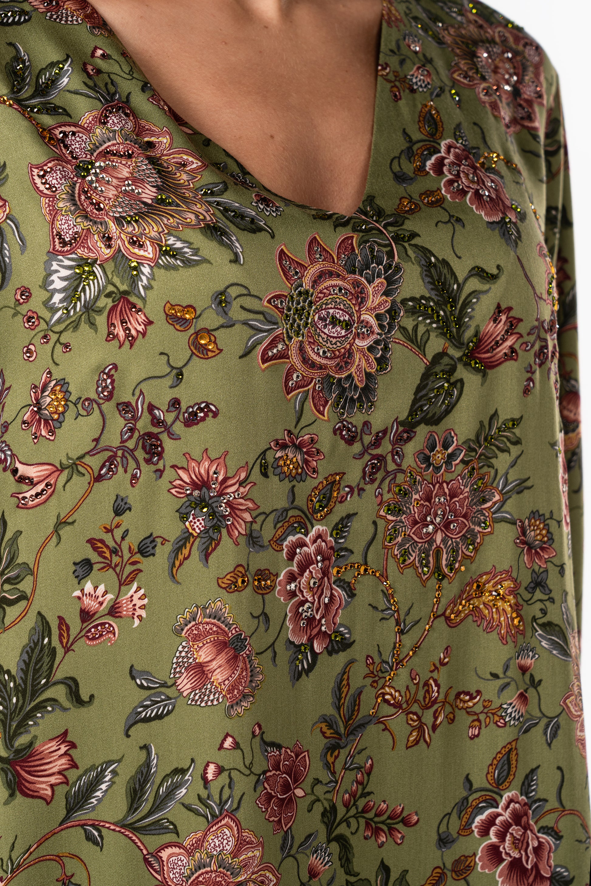 Moss Garden Italian Satin Caftan with Hand-Beaded Florals close up