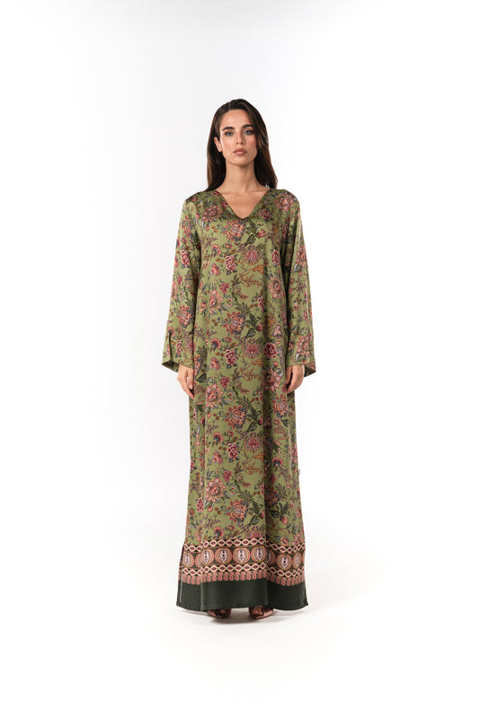 Moss Garden Italian Viscose Satin Caftan with European Hand-Beaded Florals – Handmade Limited Edition