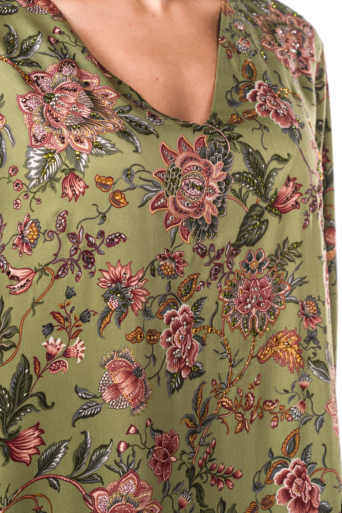 Moss_Garden_Italian_Viscose_Satin_Caftan_with_European_Hand-Beaded_Florals_Handmade_Limited_Edition_close