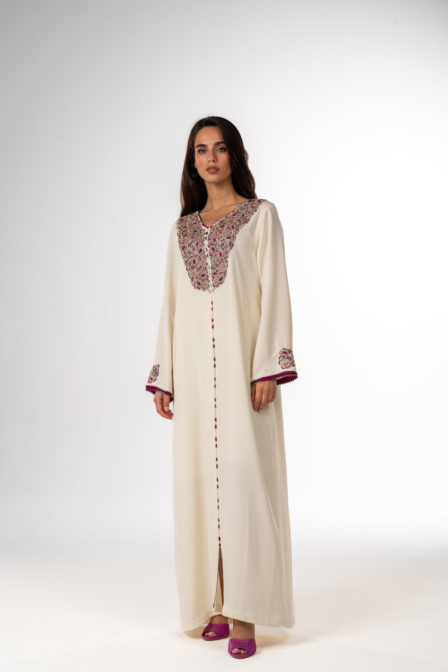 Off White Crepe Moroccan Caftan