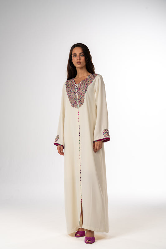 Off White Crepe Moroccan Caftan