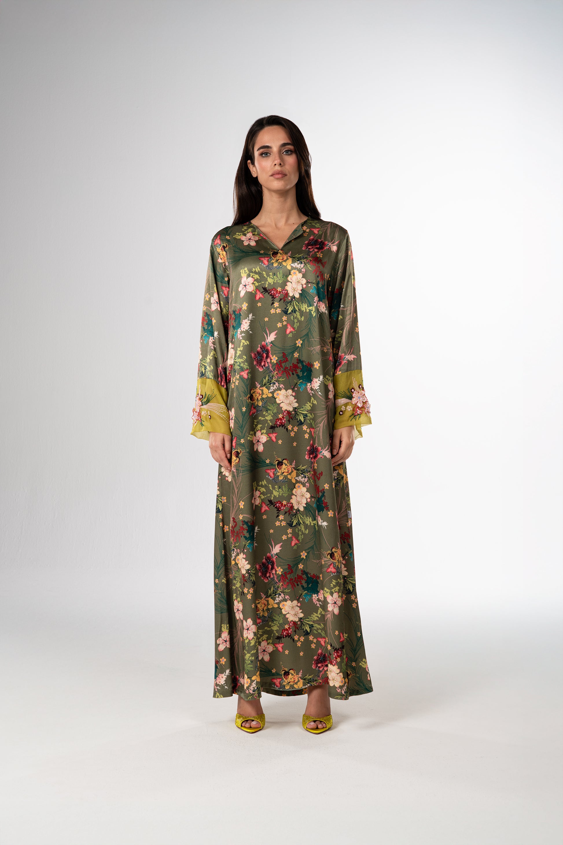 Olive Bloom Italian Viscose Satin Caftan with 3D Hand Embroidered Cuffs