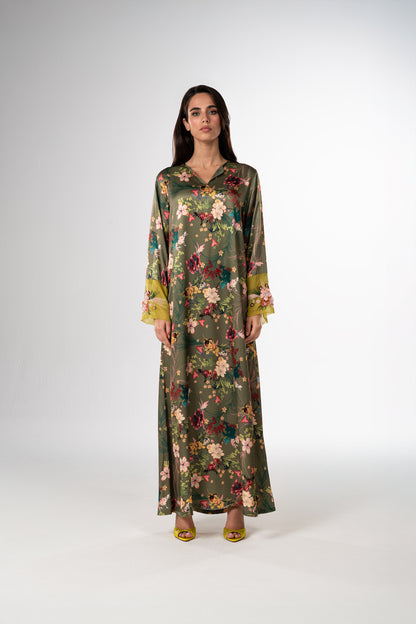 Olive Bloom Italian Viscose Satin Caftan with 3D Hand Embroidered Cuffs