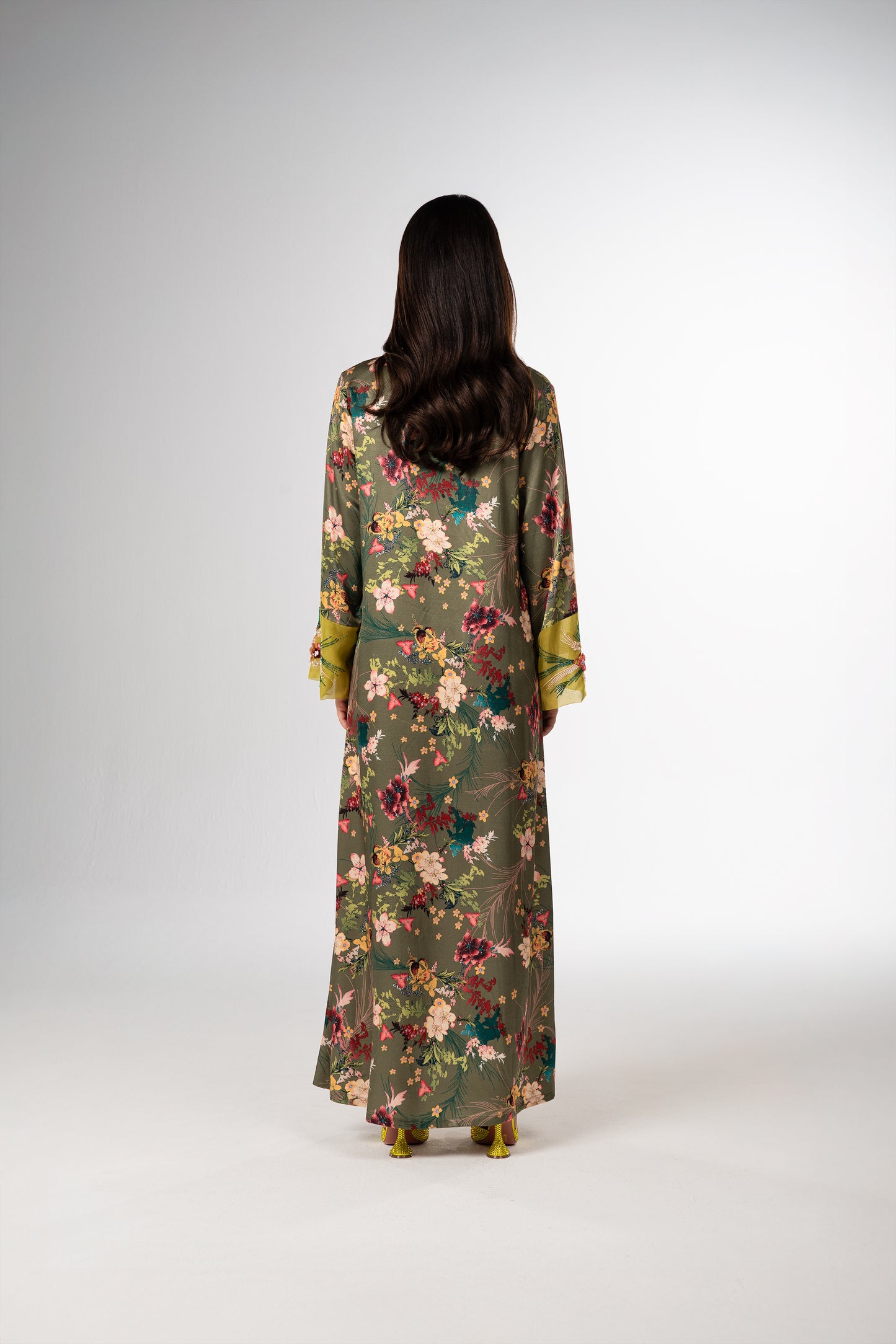 Olive Bloom Italian Viscose Satin Caftan with 3D Hand Embroidered Cuffs back