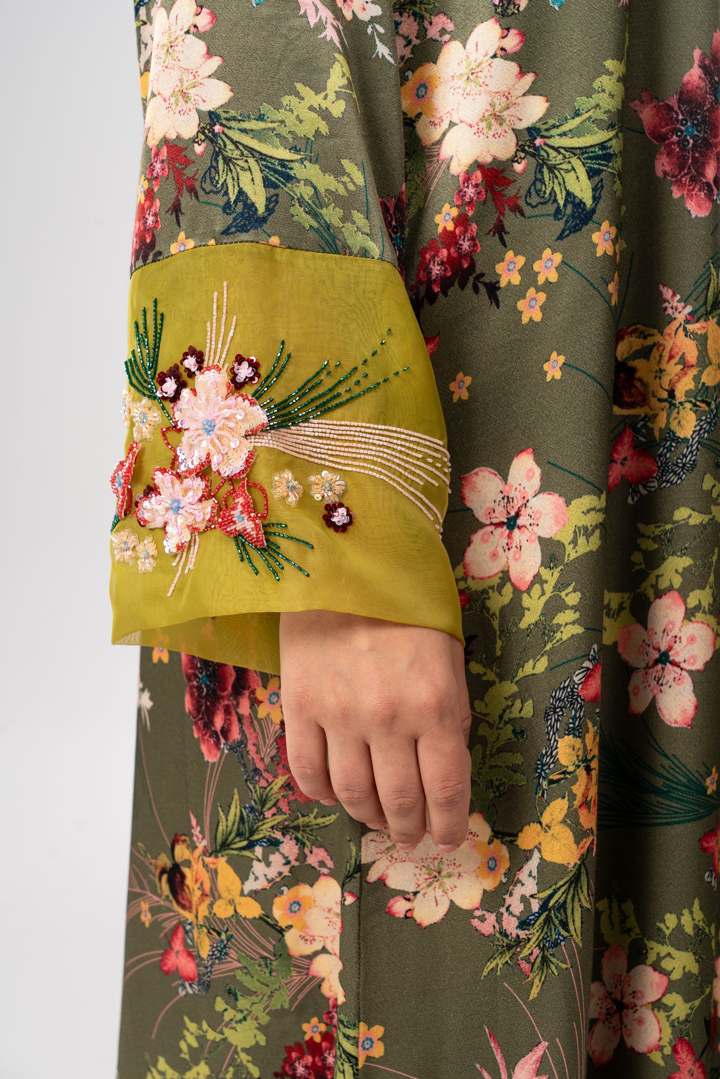 Olive Bloom Italian Viscose Satin Caftan with 3D Hand Embroidered Cuffs close up