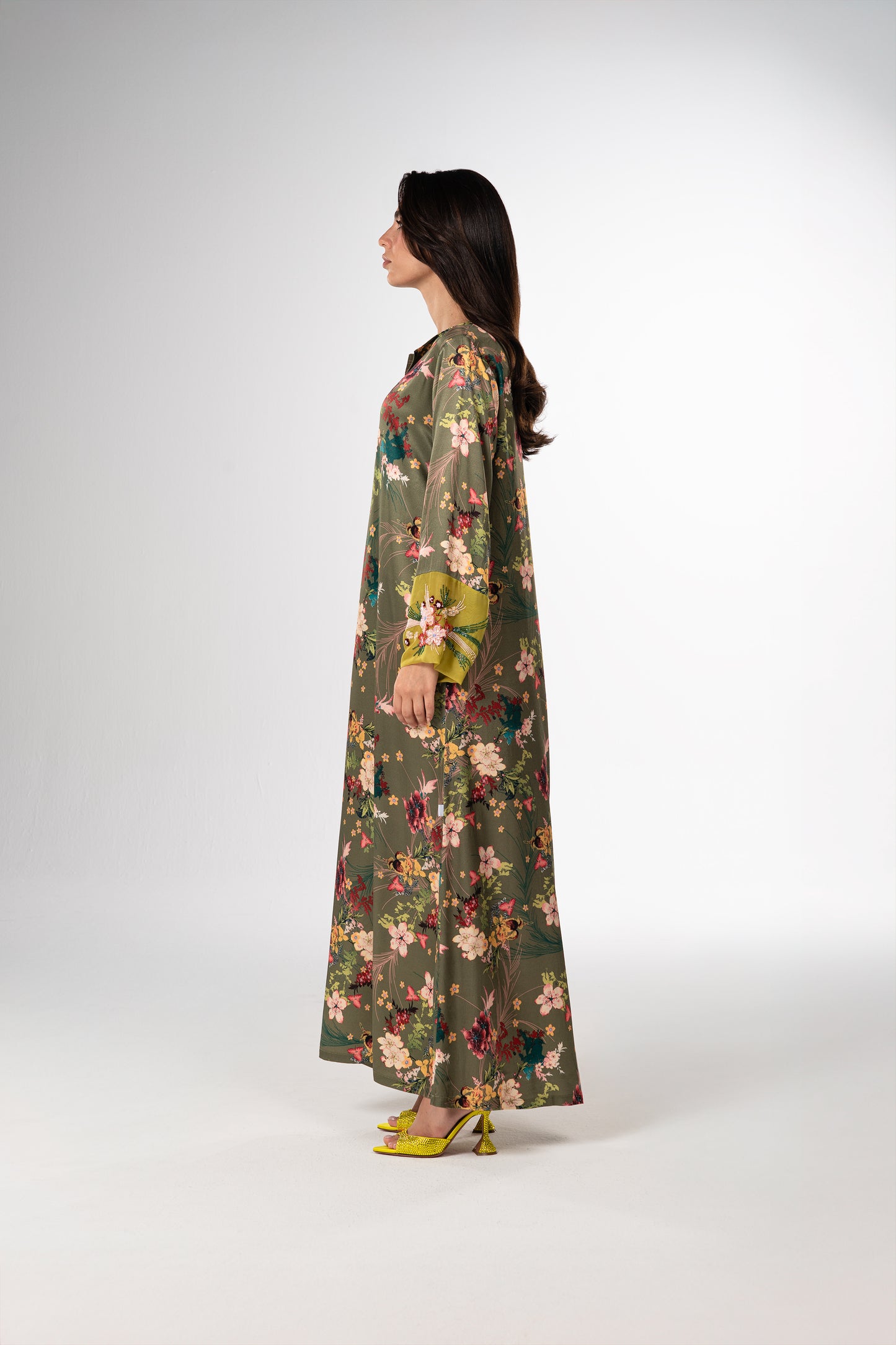 Olive Bloom Italian Viscose Satin Caftan with 3D Hand Embroidered Cuffs side