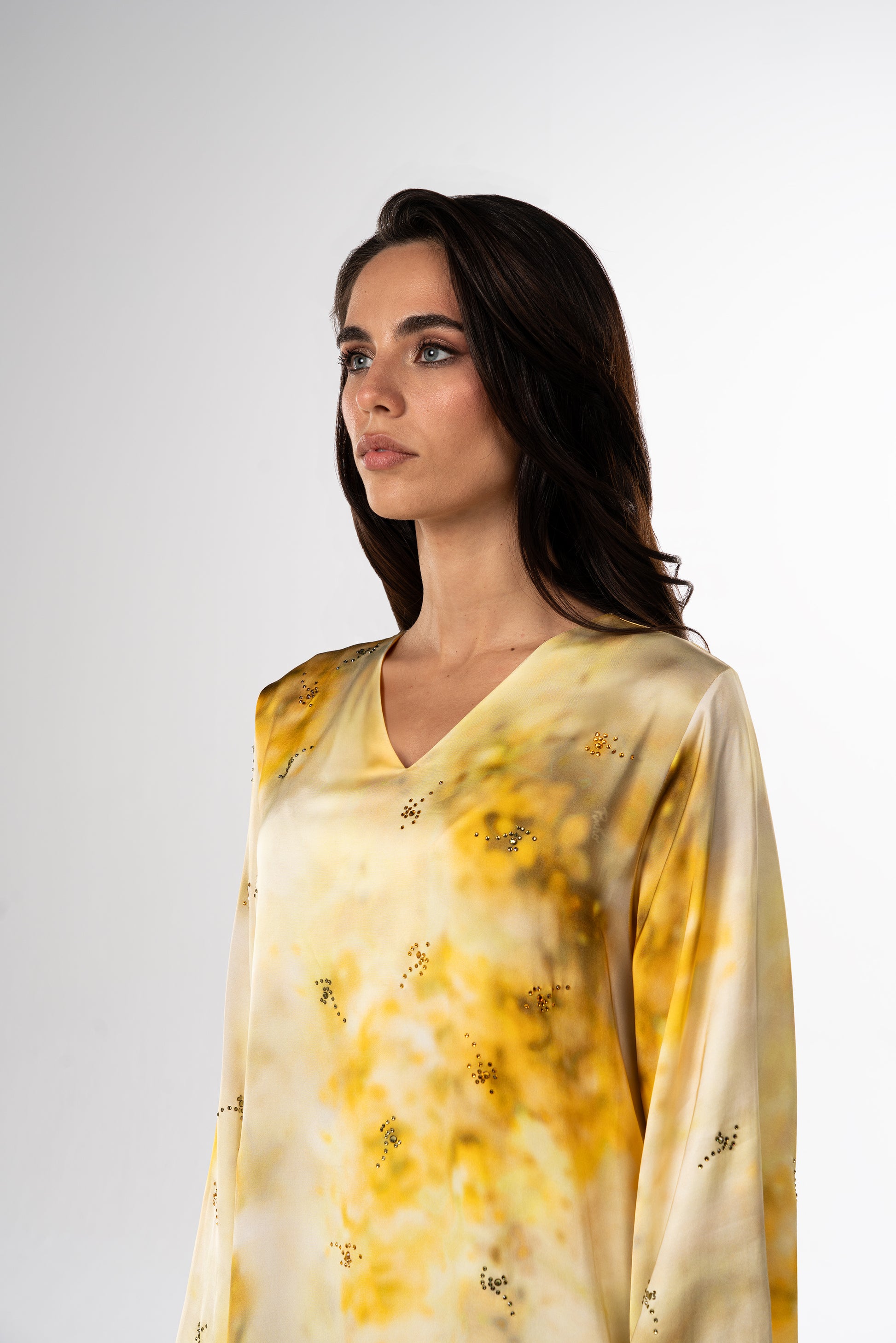 PINKO Italian Original Bright Gold Splash Caftan close up