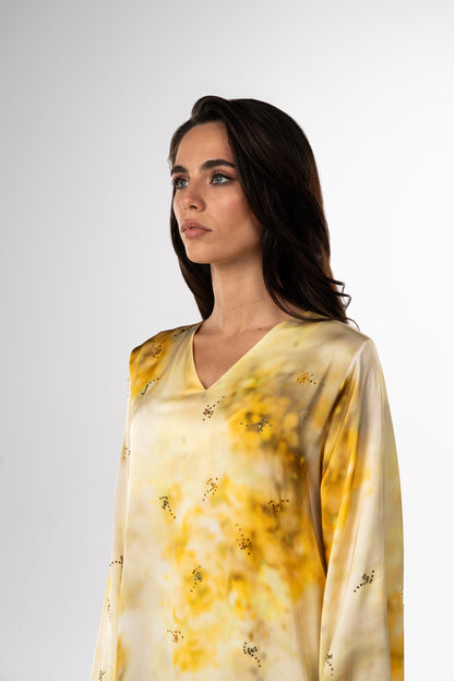 PINKO Italian Original Bright Gold Splash Caftan close up
