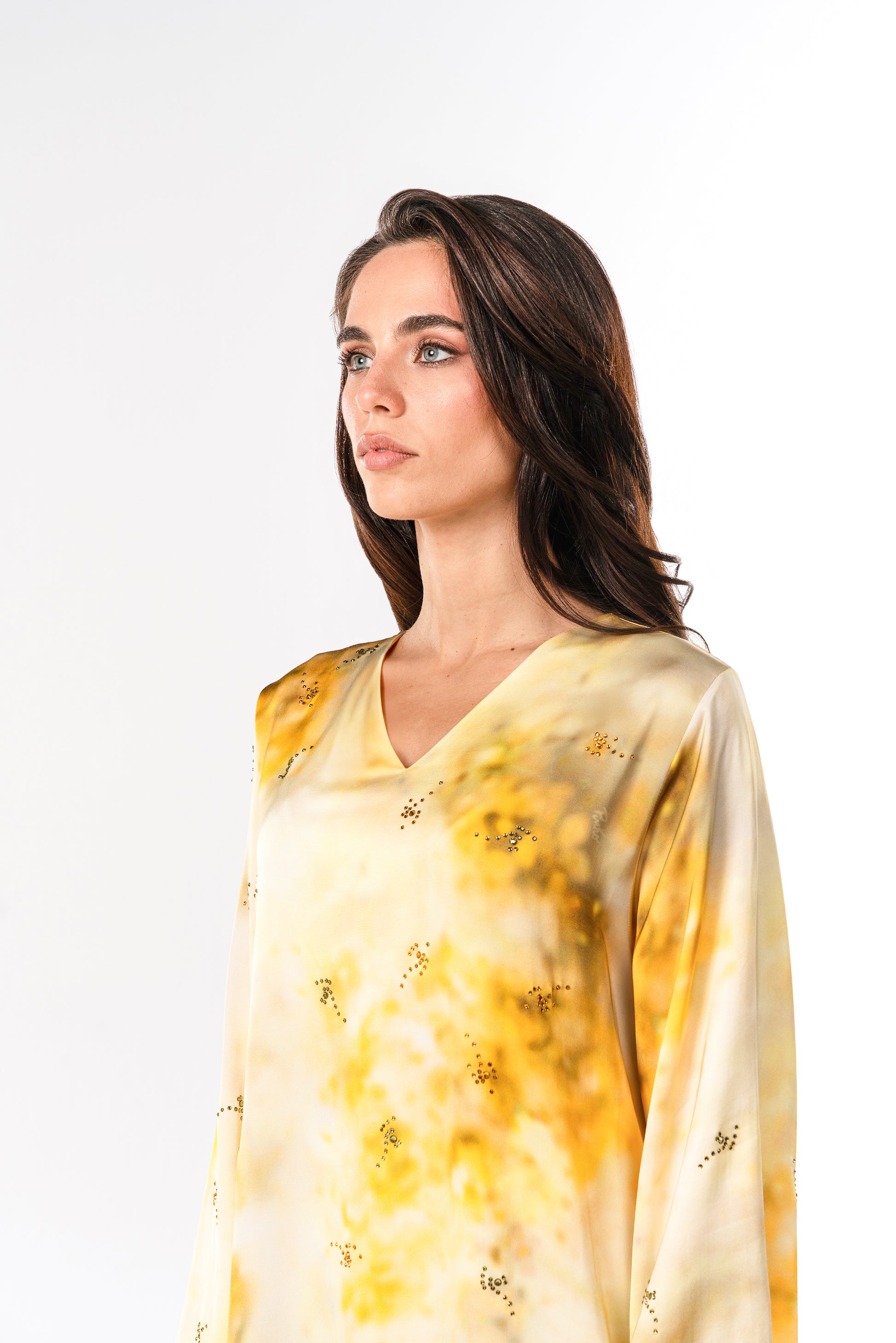 PINKO Italian Original Viscose Satin Bright Gold Splash Caftan