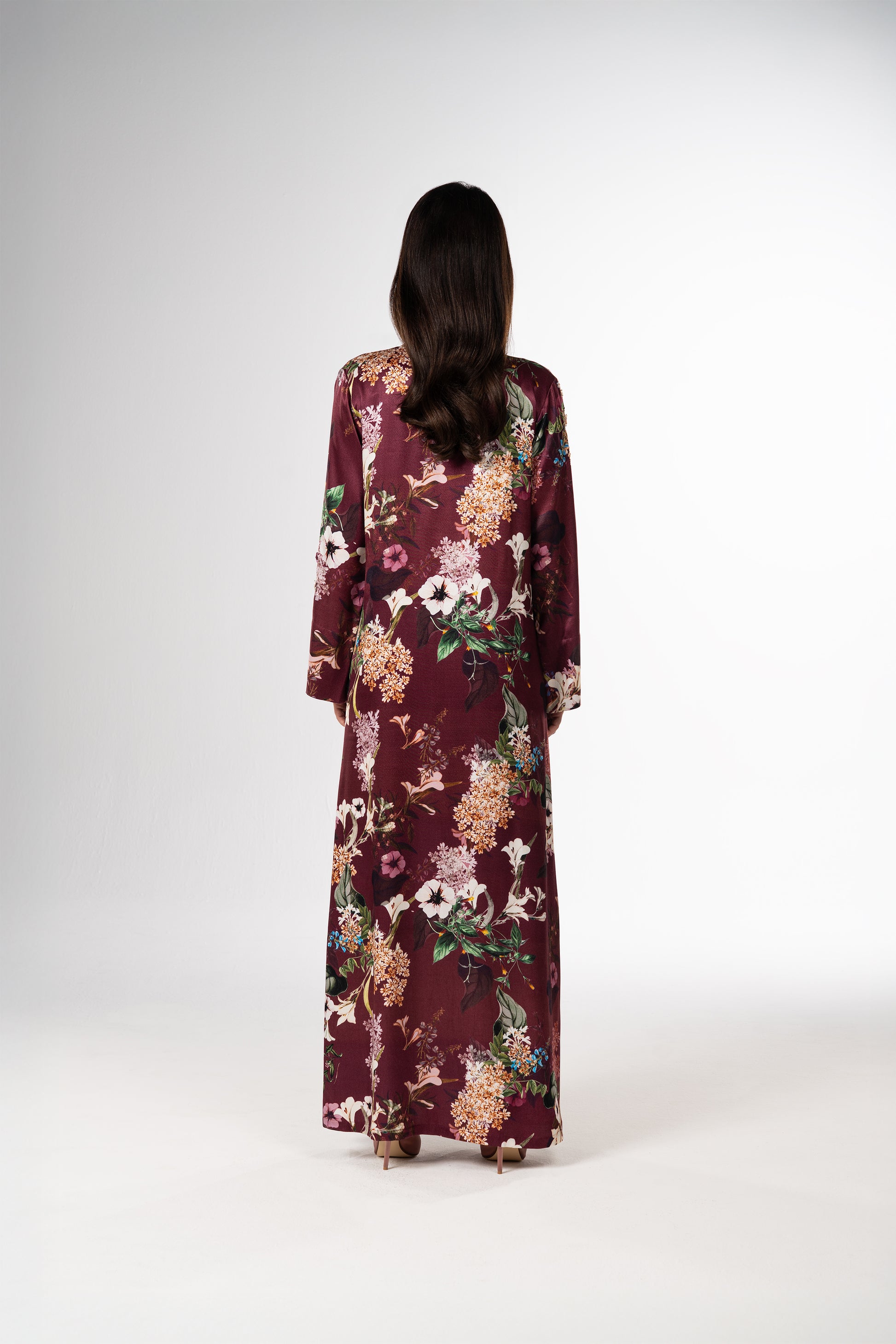 Raspberry Italian Viscose Satin Caftan with Hand-Beaded 3D Florals back