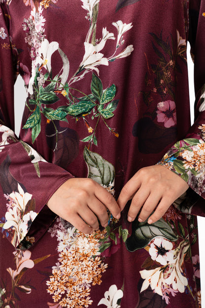 Raspberry Italian Viscose Satin Caftan with Hand-Beaded 3D Florals close up