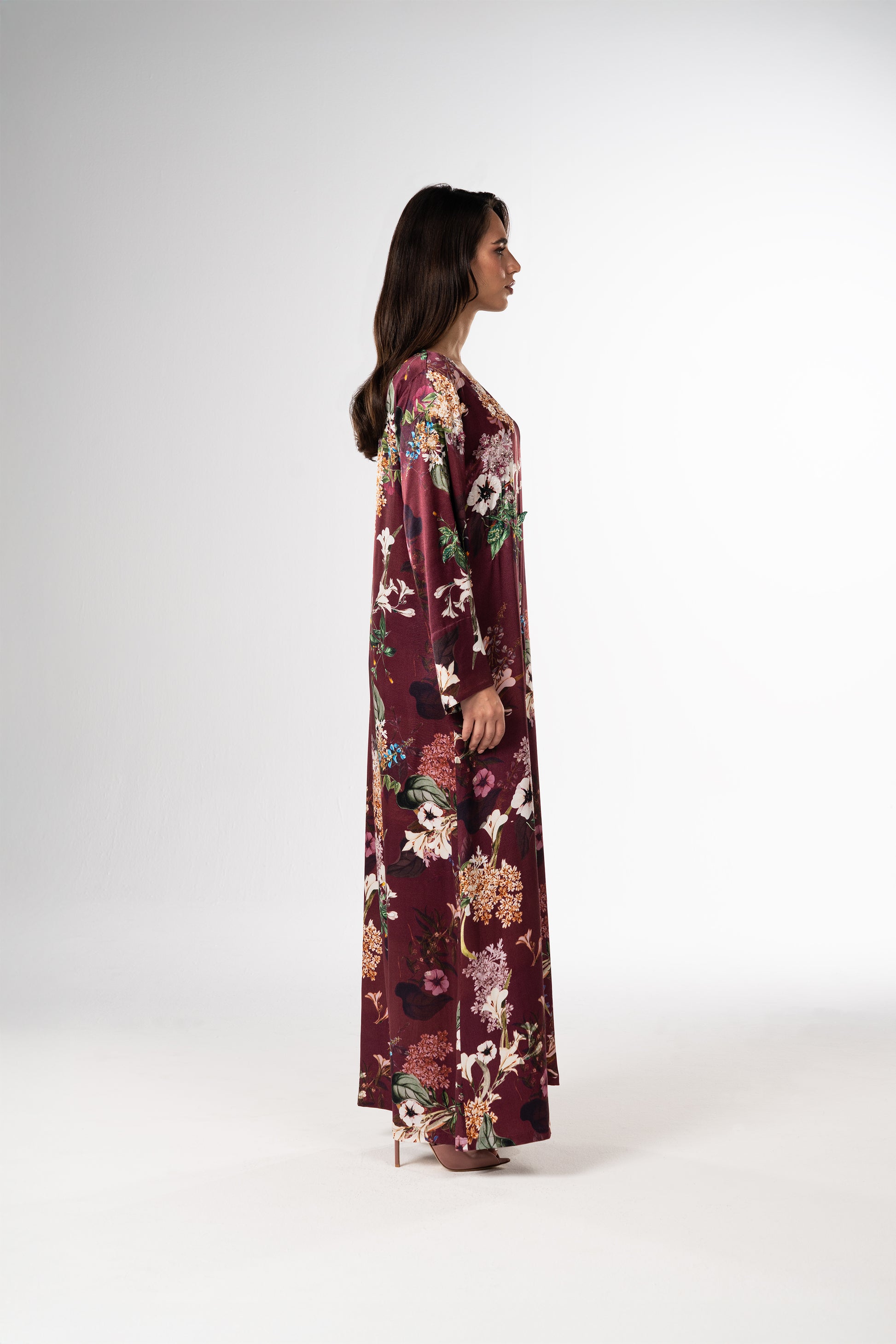 Raspberry Italian Viscose Satin Caftan with Hand-Beaded 3D Florals side