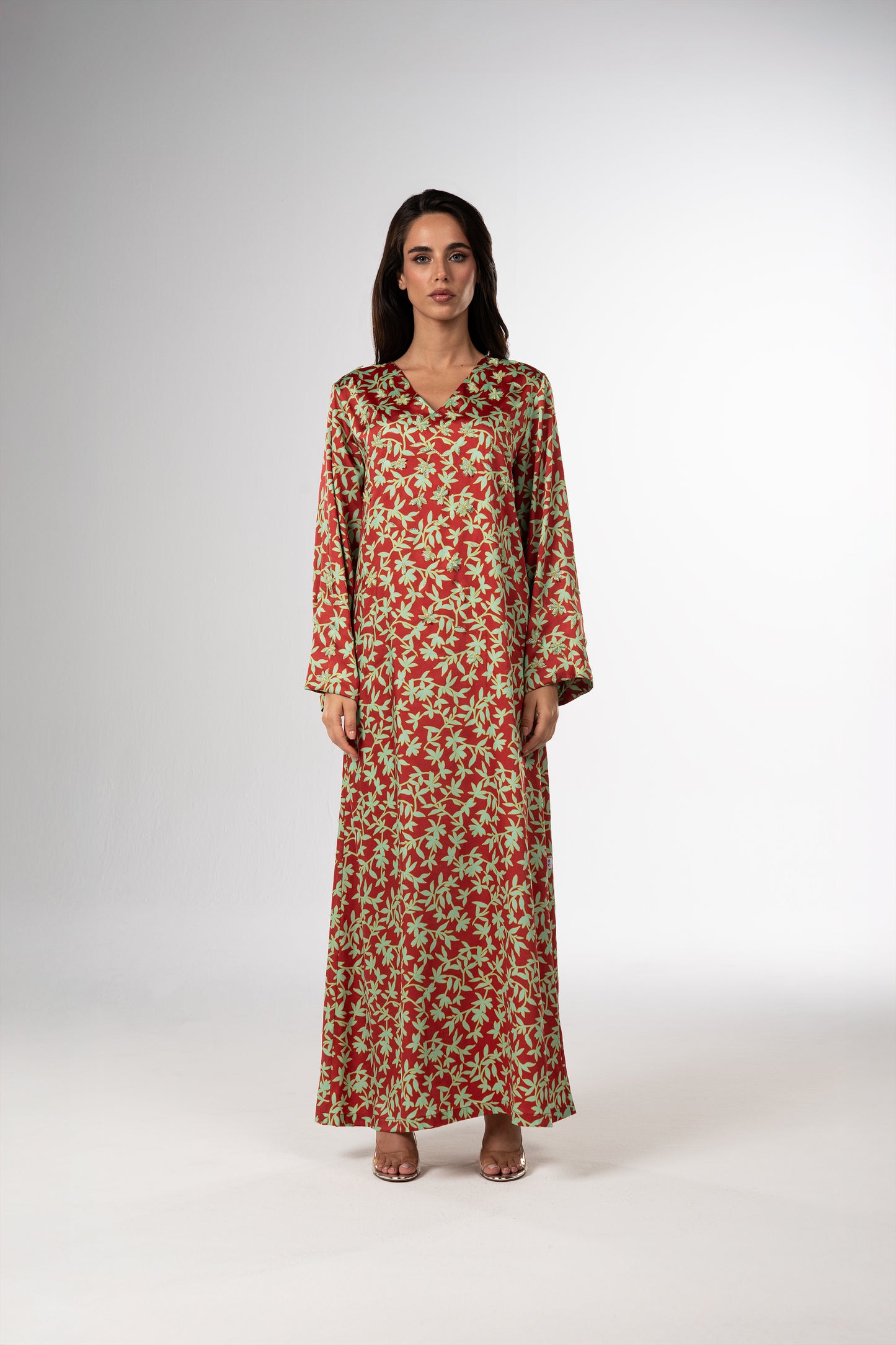 Red Garden Italian Satin Caftan with Hand-Beaded 3D Florals