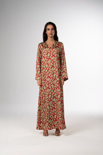 Red Garden Italian Satin Caftan with Hand-Beaded 3D Florals