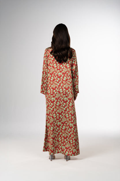 Red Garden Italian Satin Caftan with Hand-Beaded 3D Florals back
