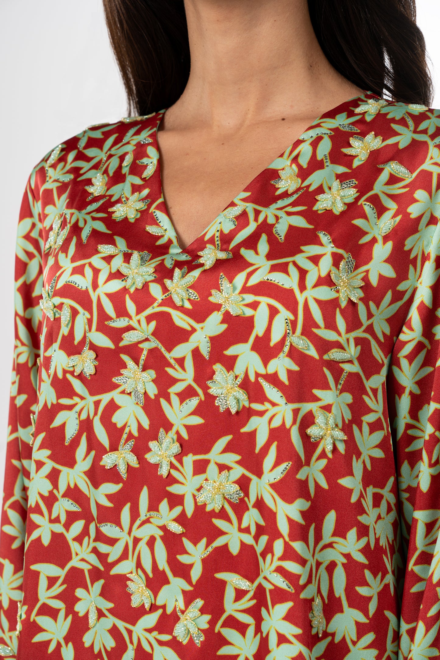 Red Garden Italian Satin Caftan with Hand-Beaded 3D Florals close up