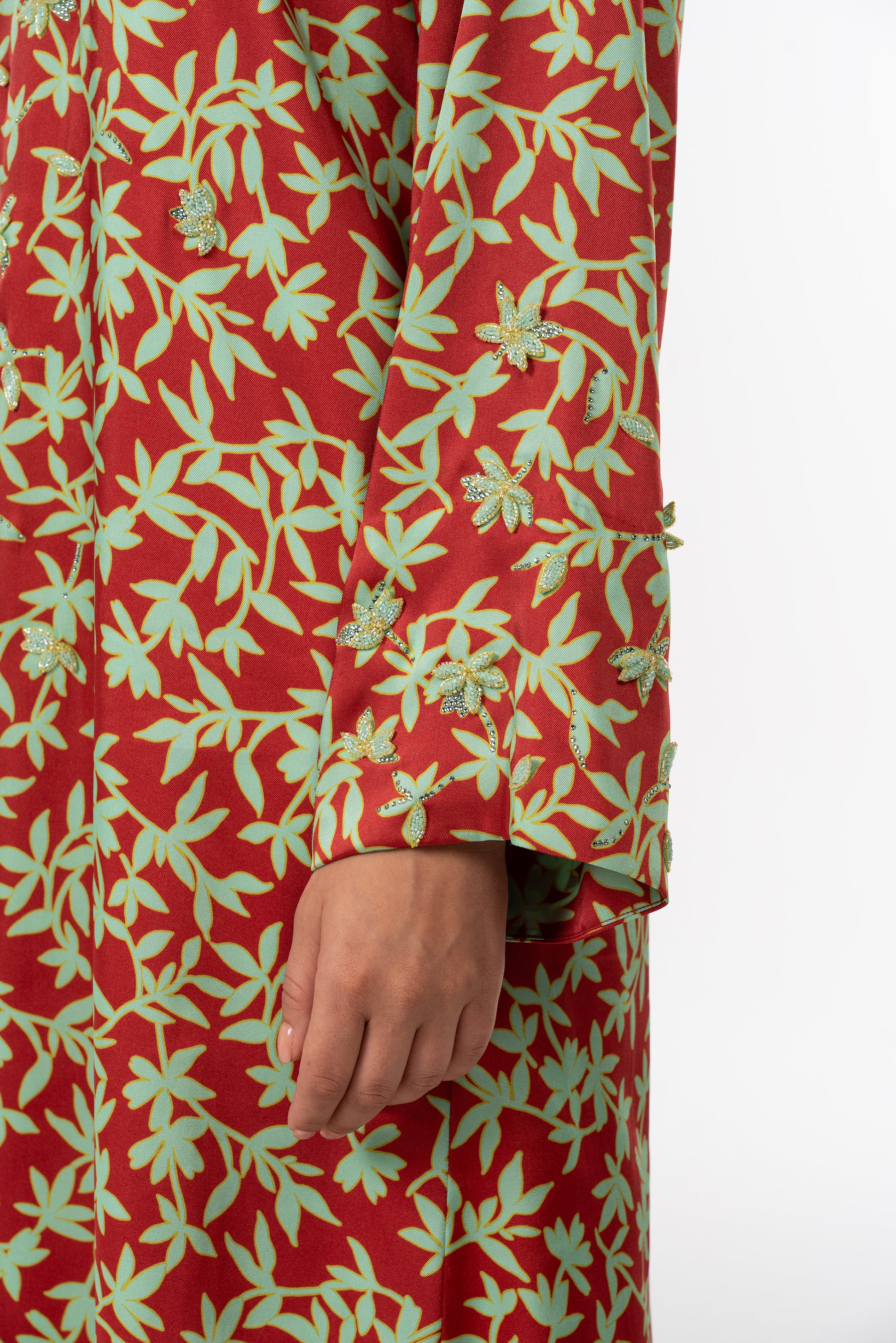 Red Garden Italian Satin Caftan with Hand-Beaded 3D Florals close up 2