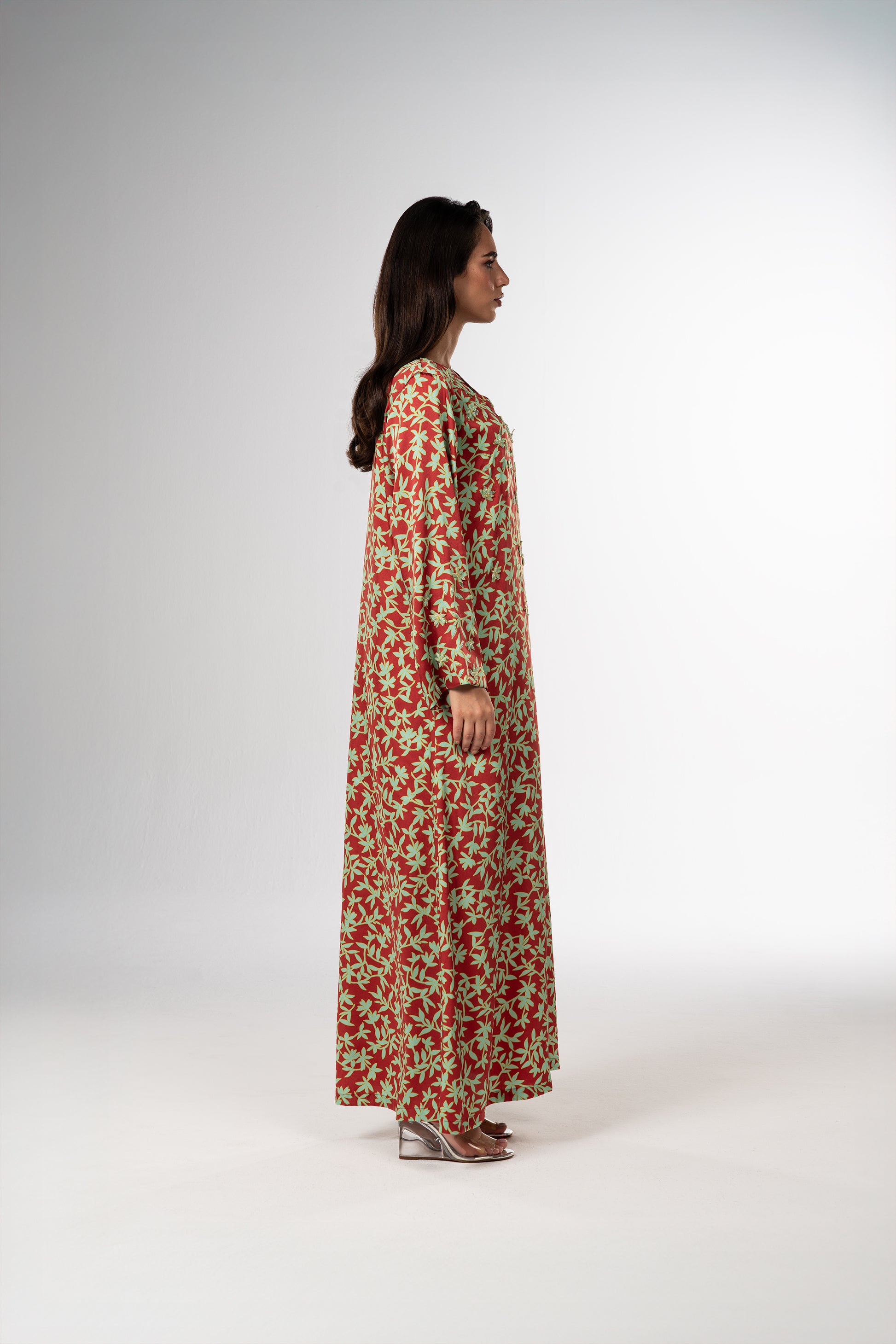 Red Garden Italian Satin Caftan with Hand-Beaded 3D Florals side