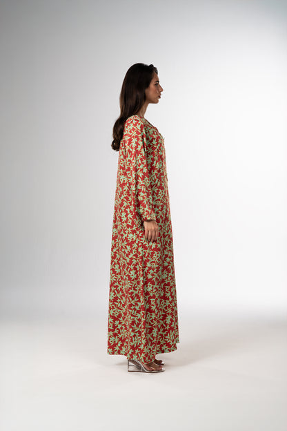 Red Garden Italian Satin Caftan with Hand-Beaded 3D Florals side