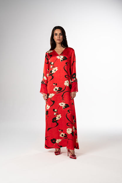 Rouge Jardin Italian Viscose Satin Caftan with 3D Floral Embroidery