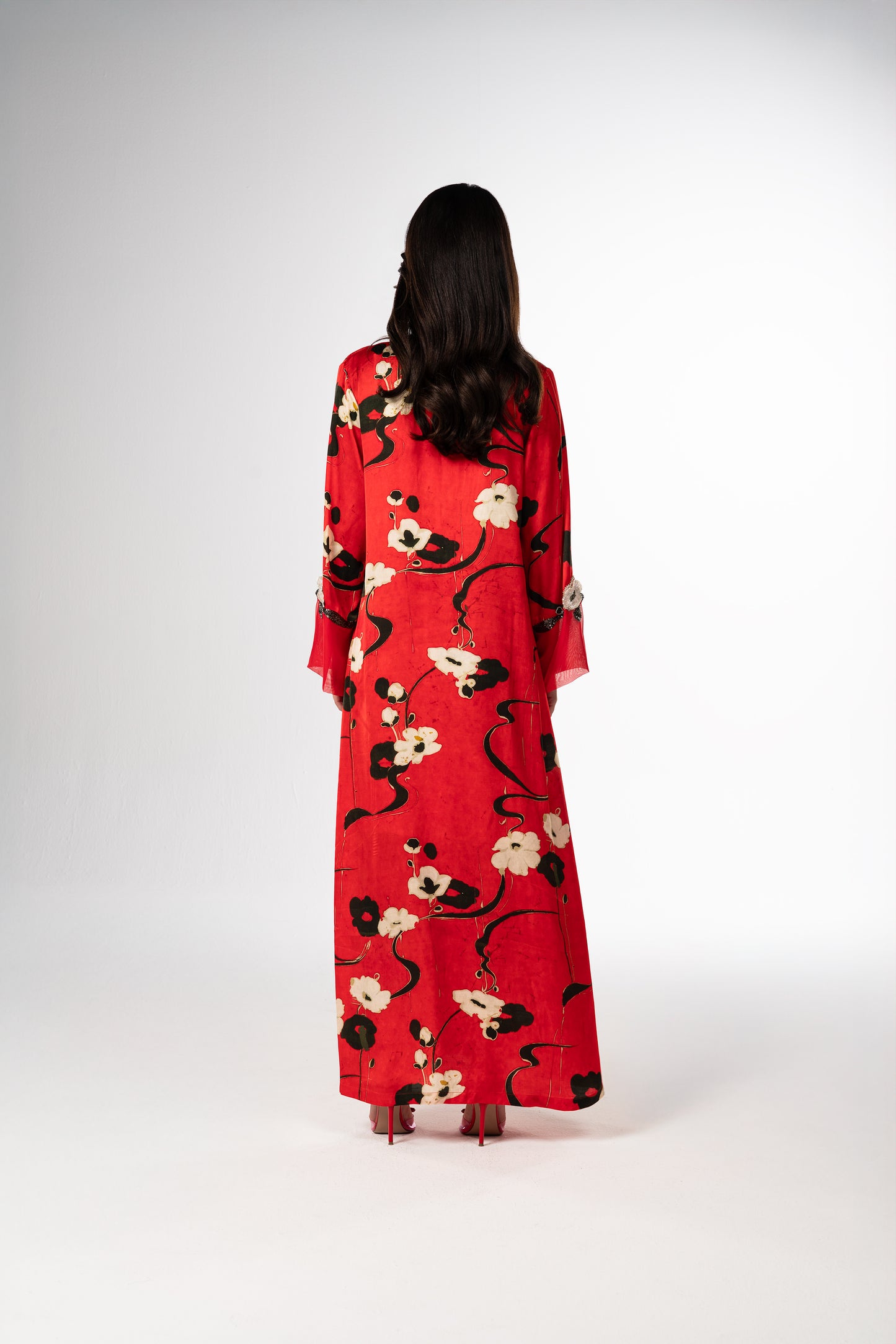 Rouge Jardin Italian Viscose Satin Caftan with 3D Floral Embroidery back