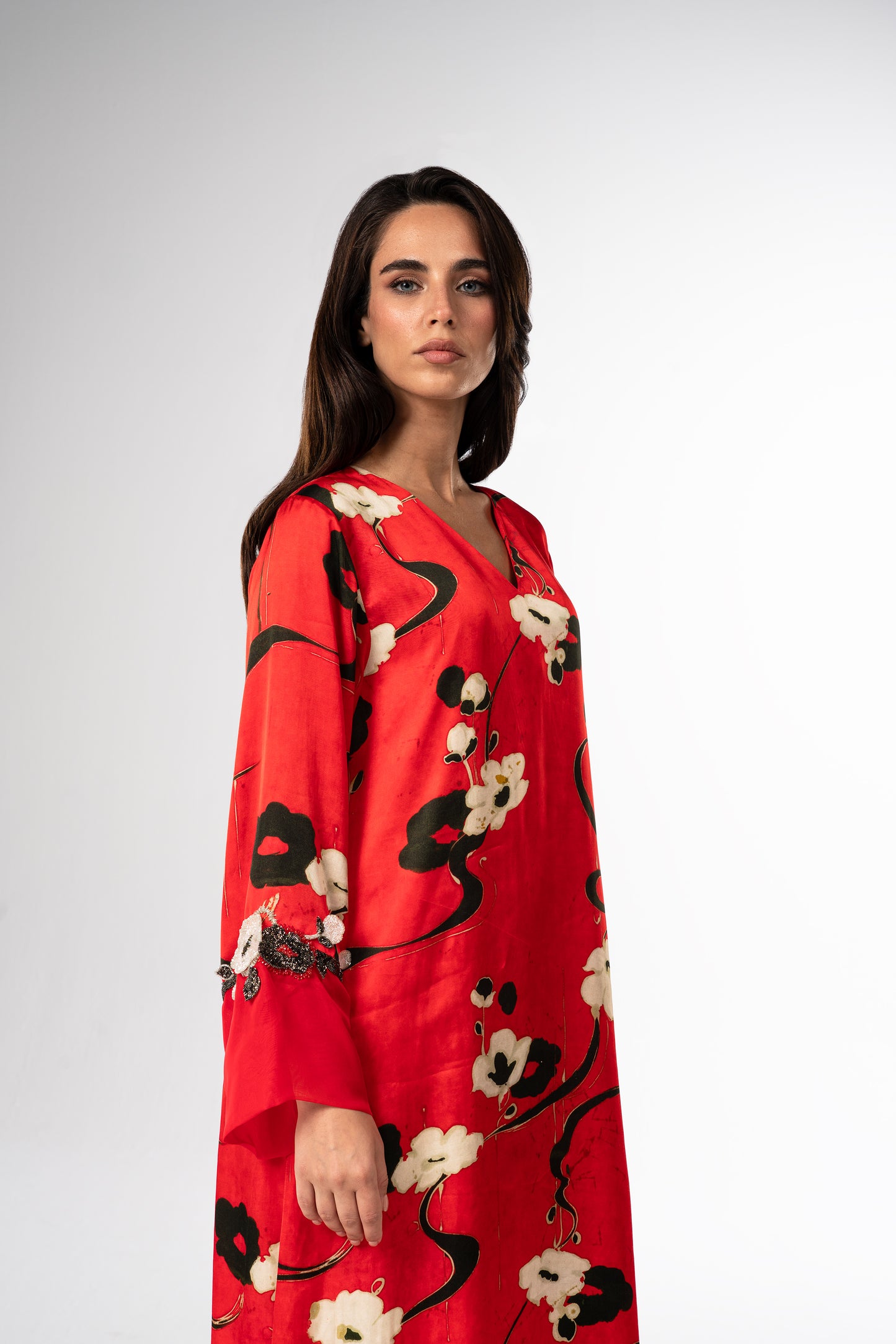 Rouge Jardin Italian Viscose Satin Caftan with 3D Floral Embroidery close up