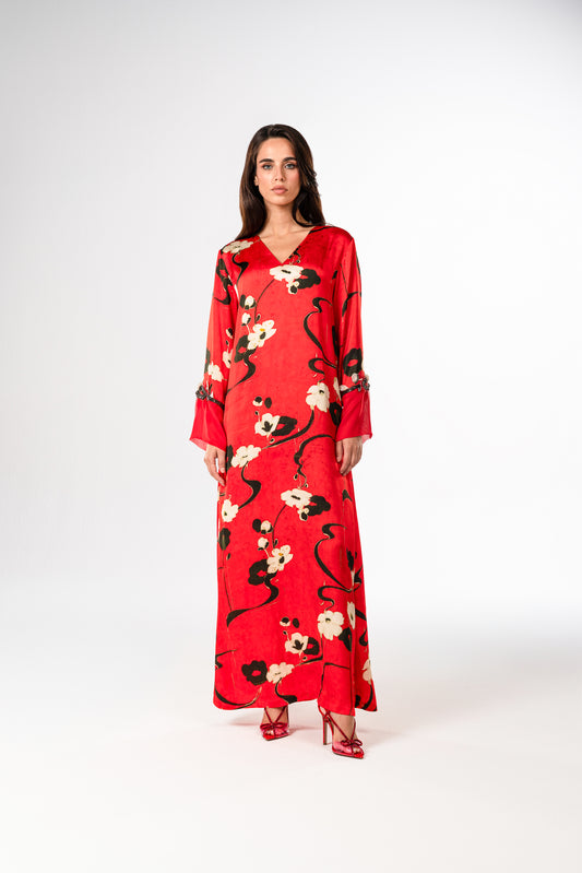 Rouge Jardin Italian Viscose Satin Caftan with 3D Floral European Embroidery – Handmade Limited Edition