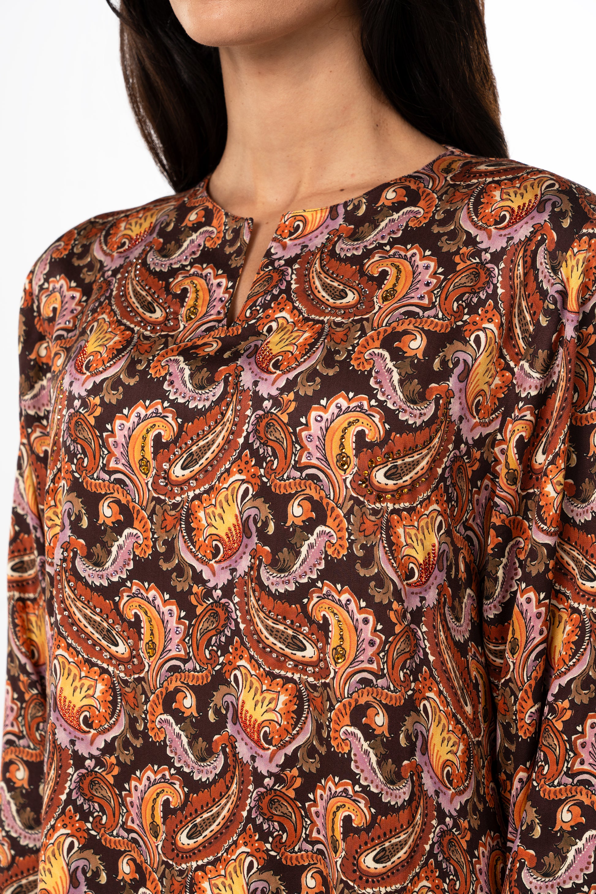 Royal Paisley Caftan in Italian Satin Fine Bead Embroidery close up