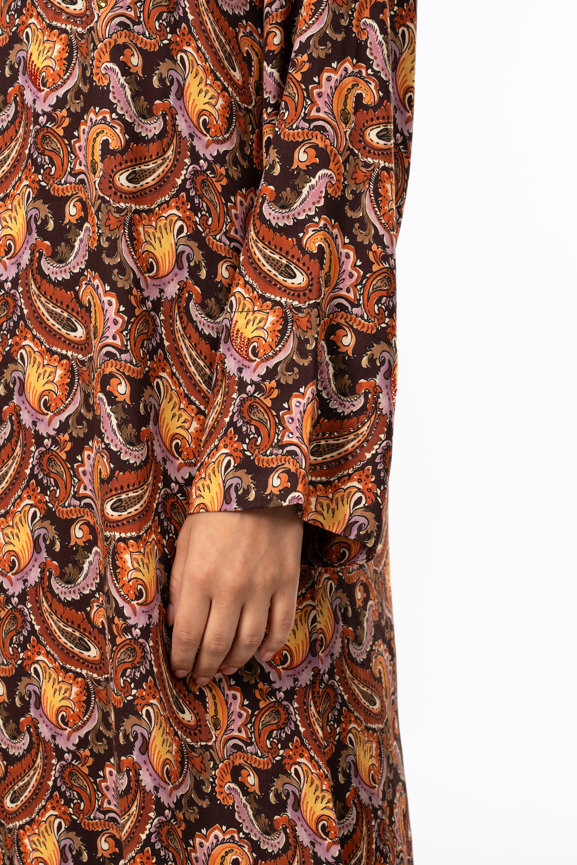 Royal Paisley Caftan in Italian Satin Fine Bead Embroidery close up 2