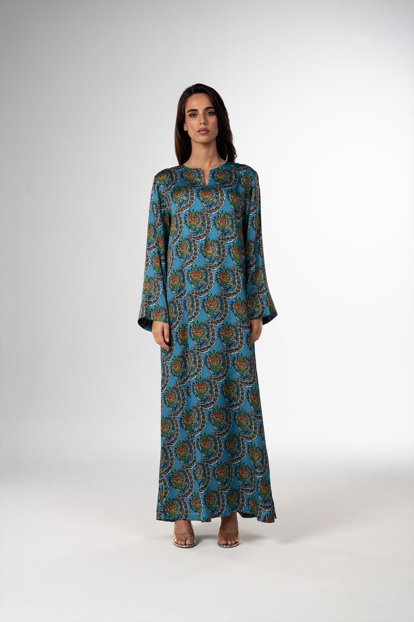 Turquoise Scallop Italian Viscose Satin Caftan