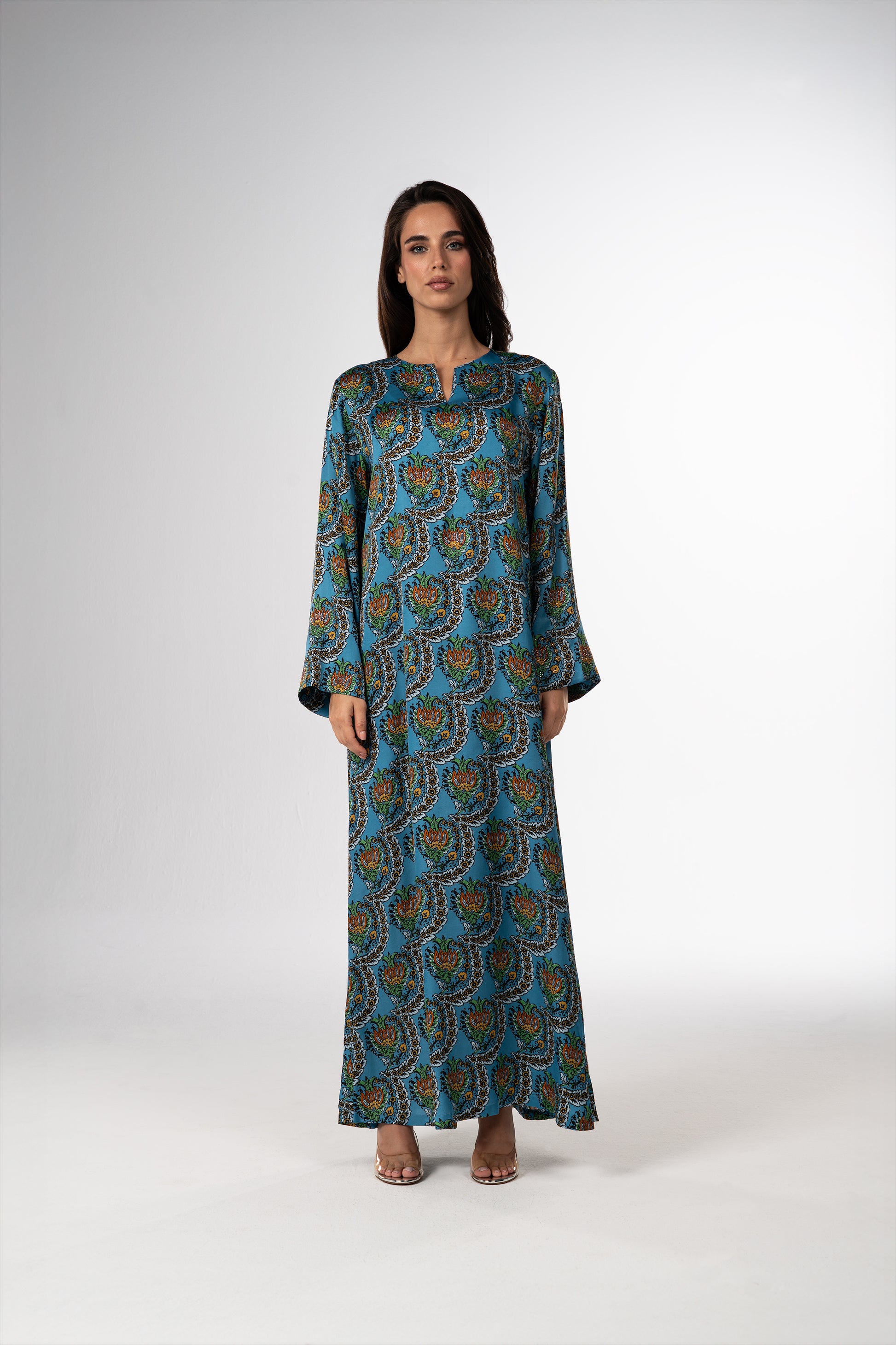 Turquoise Scallop Italian Viscose Satin Caftan