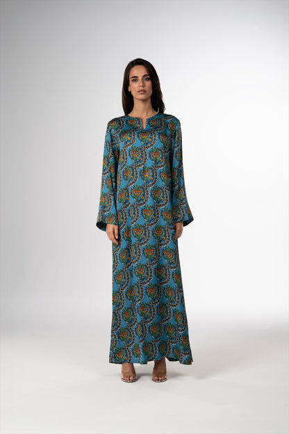 Turquoise Scallop Italian Viscose Satin Caftan