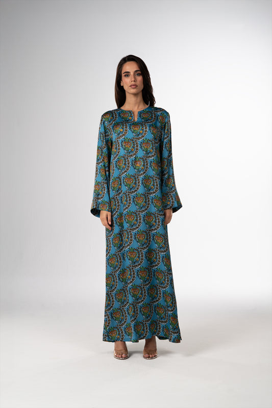 Turquoise Scallop Italian Viscose Satin Caftan
