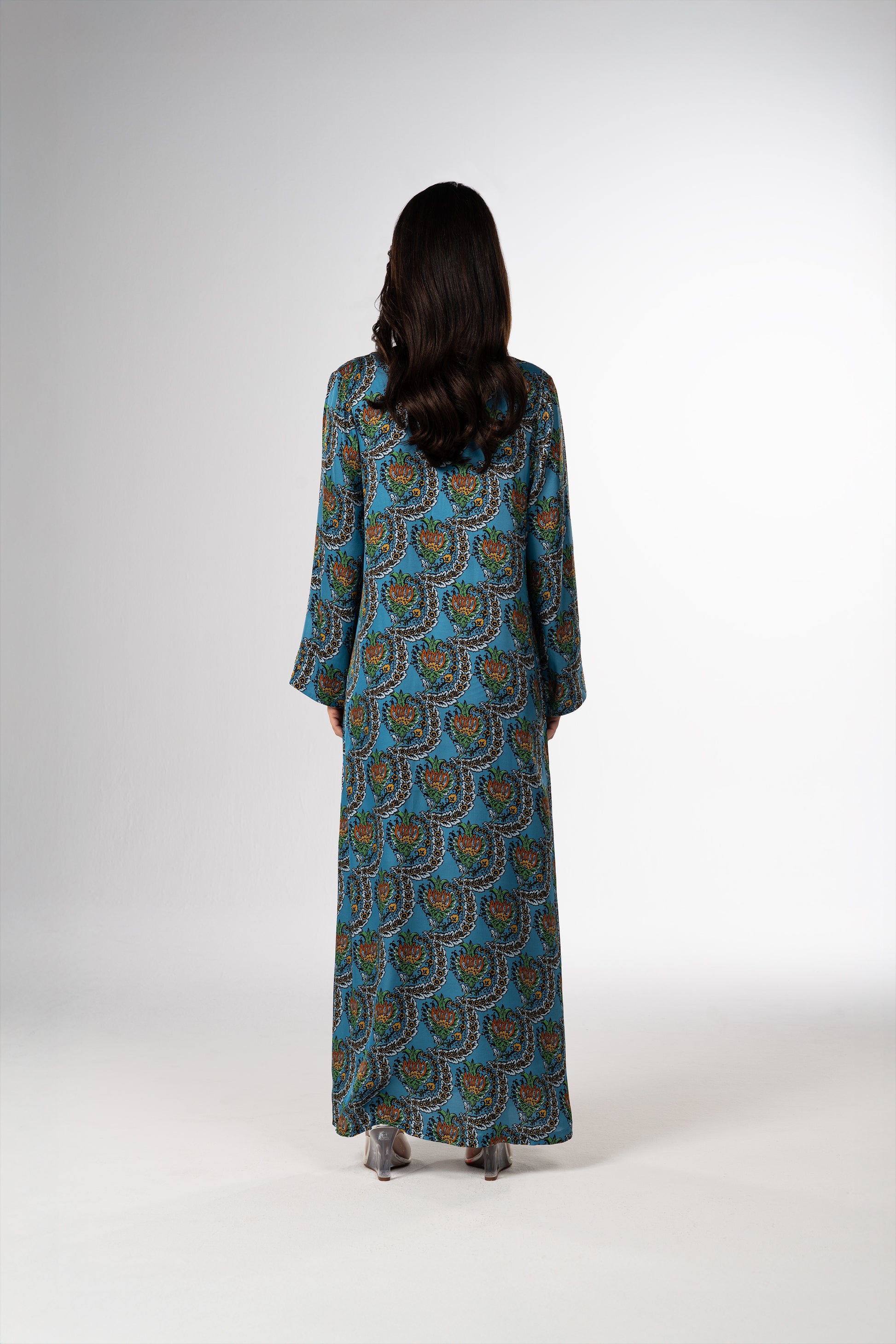 Turquoise Scallop Italian Viscose Satin Caftan back