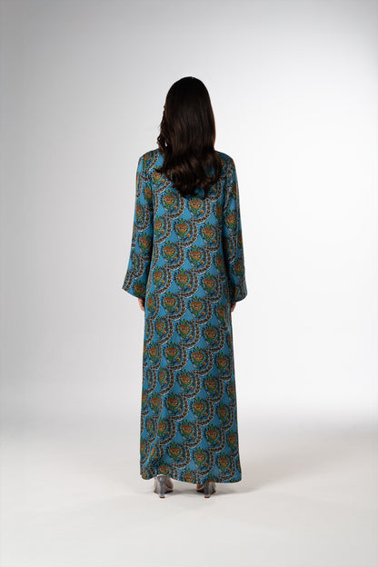 Turquoise Scallop Italian Viscose Satin Caftan back