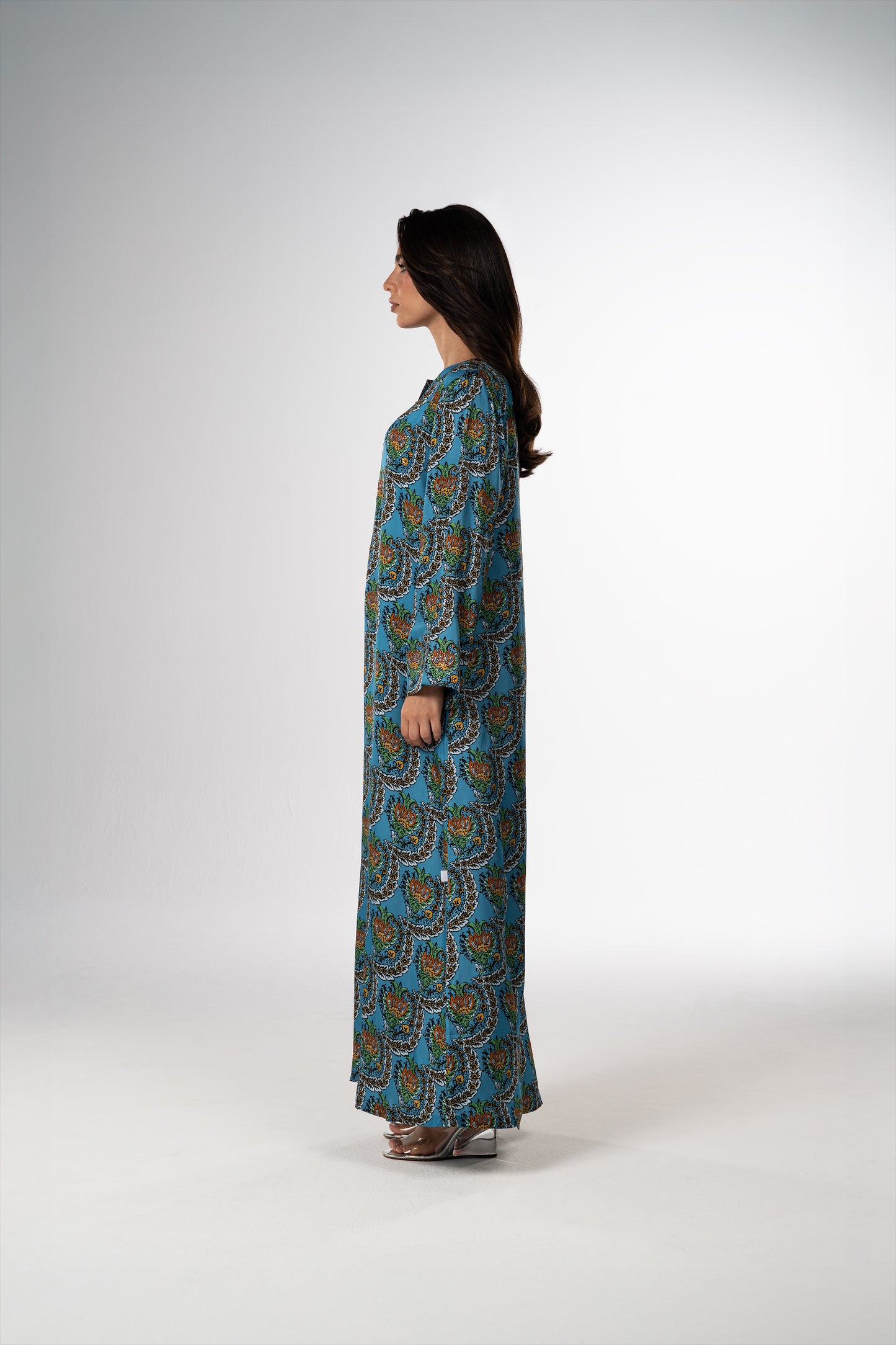 Turquoise Scallop Italian Viscose Satin Caftan side