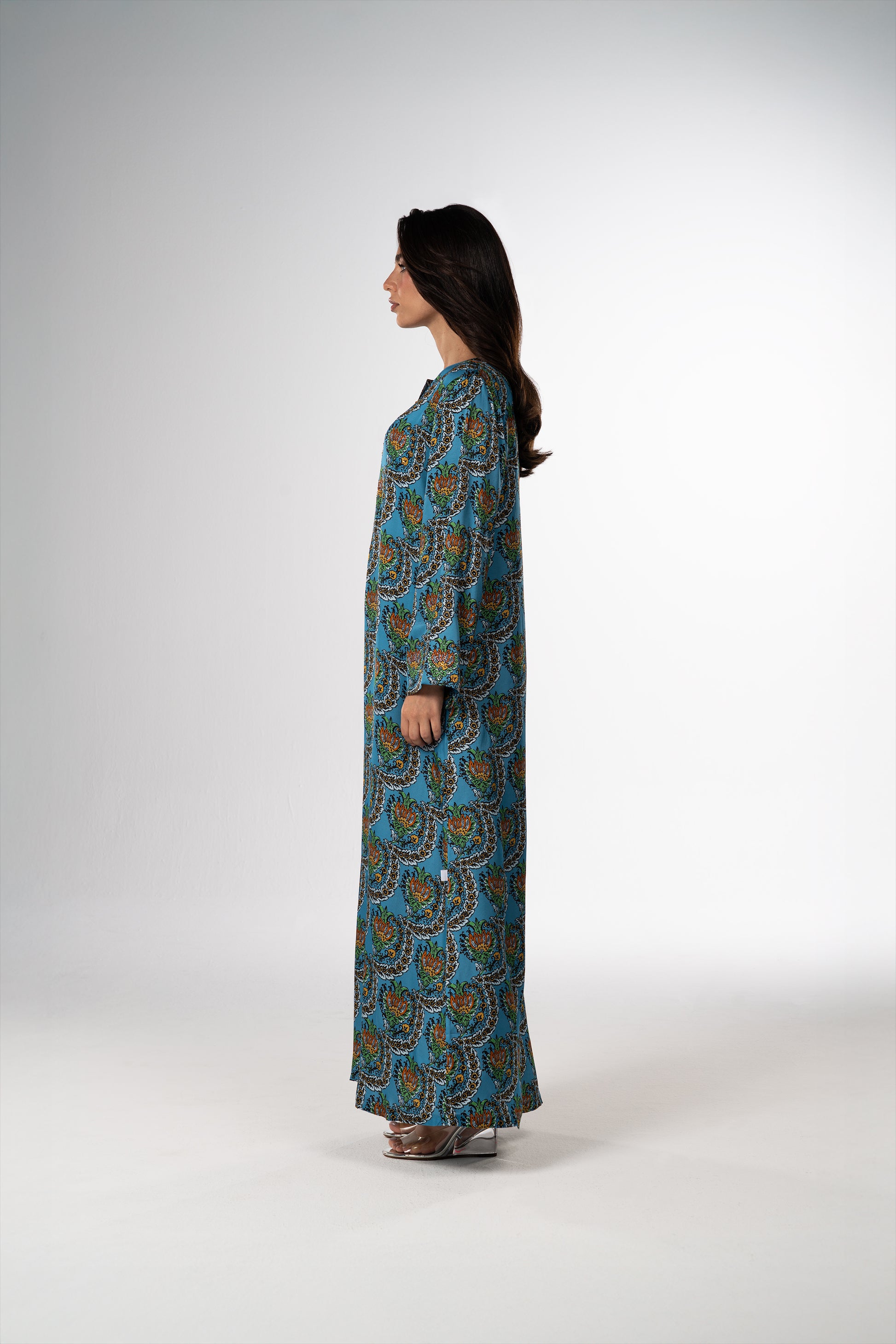 Turquoise Scallop Italian Viscose Satin Caftan side