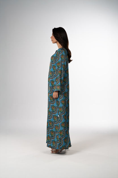 Turquoise Scallop Italian Viscose Satin Caftan side